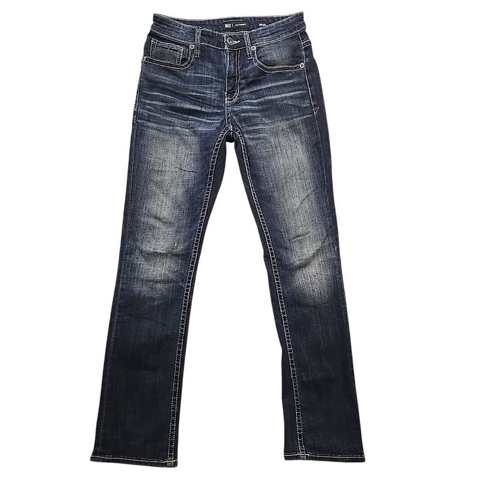 BKE Buckle Jake Jeans Men 29x32 (Act 30x32) Blue Denim Thick Stitch Whiskered